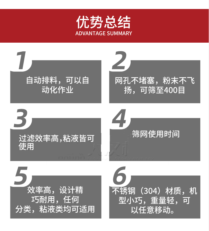 過(guò)濾篩優(yōu)勢(shì)總結(jié)：1，自動(dòng)排料，可以自動(dòng)化作用。2，網(wǎng)孔不堵塞，粉塵不飛揚(yáng)，可篩至400目。3，過(guò)濾效率高，任何粒，粉，粘液也可使用。4，篩網(wǎng)設(shè)計(jì)大大提高了篩網(wǎng)使用時(shí)間，也魏換網(wǎng)提高了方便。5，效率高，設(shè)計(jì)精巧耐用，任何分類(lèi)設(shè)計(jì)精巧耐用，任何分類(lèi)，粘液類(lèi)均可適用。6，不銹鋼材質(zhì)機(jī)型小巧，重量輕，可以任意移動(dòng)。