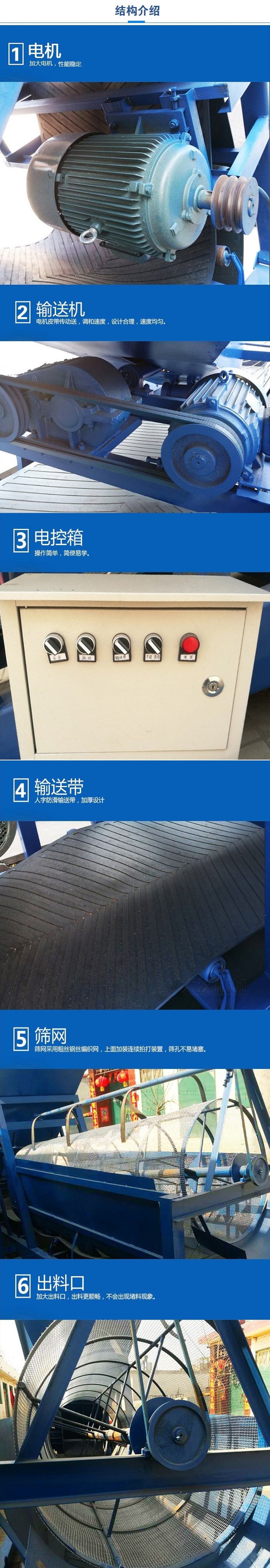 移動篩沙機結構:電機，加大電機，性能相對比較穩(wěn)定。輸送機：電機皮帶傳動送，調和速度，設計合理，速度均勻。電控箱：操作簡單，簡便易學。輸送帶：人字防滑輸送帶，加厚設計。篩網，采用粗絲鋼絲編織而成的篩網，上面加裝連續(xù)拍打裝置，篩孔不易堵塞。出料口：加大出料口，出料更順暢，不會出現(xiàn)堵料現(xiàn)象。